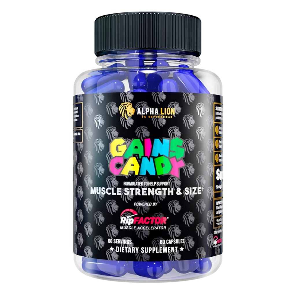 ALPHA LION Gains Candy, Pastile suplimentare pentru cresterea musculara, Dimensiune, & Putere, Propulsor azotat, Constructor musculare, Utilizați zilnic pentru a actualiza performanța de energie și antrenament, 60 capsule (RipFACTOR®)