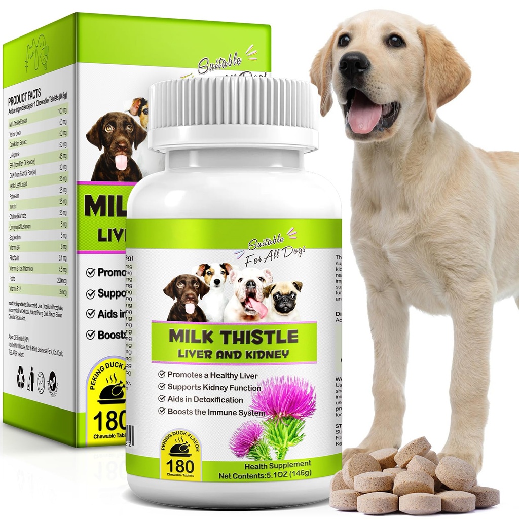 Milk Thistle pentru câini, 180 comprimate masticabile Milk Thistle Supliment pentru câini Natural de sprijin pentru ficat pentru animale de companie, Rinichi Curățare și reparare, Boosts Immune System Peking Duck Flavor