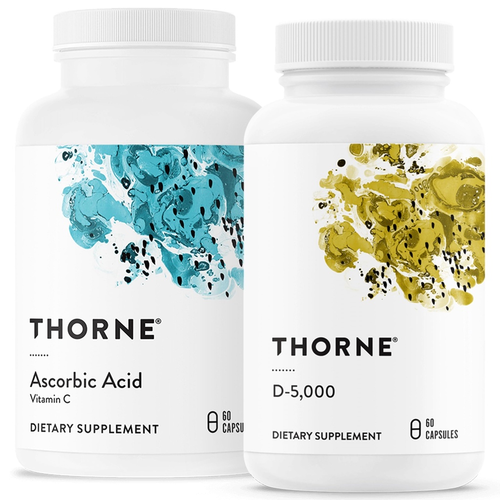 THORNE - Suport imun și de wellness Bundle - Acid azorbic și vitamina D-5000 - Funcție antioxidantă și imună - 60 Serviri