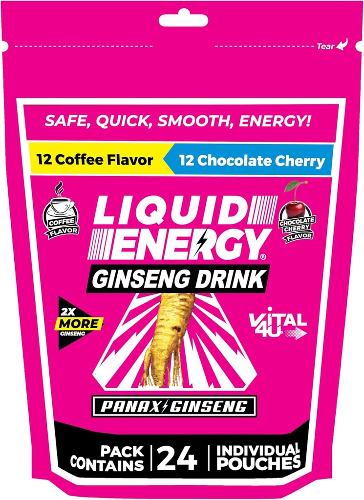 VITAL 4U® Energy Shot - Cherry Combo Pack de cafea şi ciocolată, ginseng, vitamine B, îndulcite natural, 24 ct