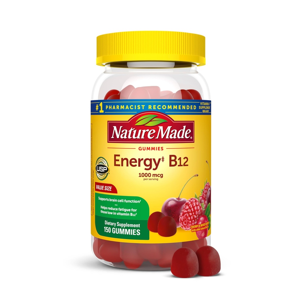 Nature Made Energy B12 1000 mcg, Supliment alimentar pentru suport energetic de metabolism, 150 gume, 75 zile de aprovizionare