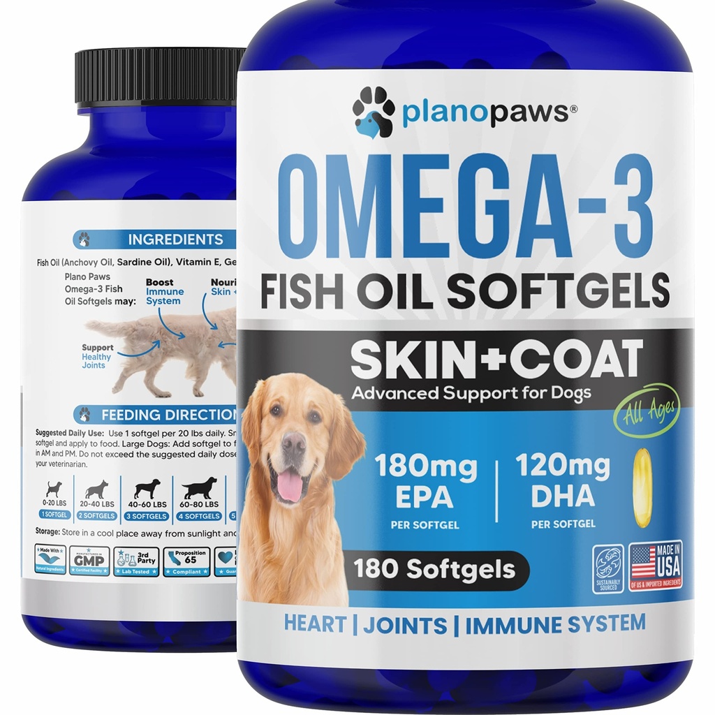 Omega 3 ulei de pește pentru câini capsule - ulei de somon pentru câini - Peste de câine Suplimentul de ulei poate ajuta la vărsare, alergie, mâncărime - Suport piele uscată, articulații - Piele de câine și supliment de haina - 180 pastile de ulei de pește