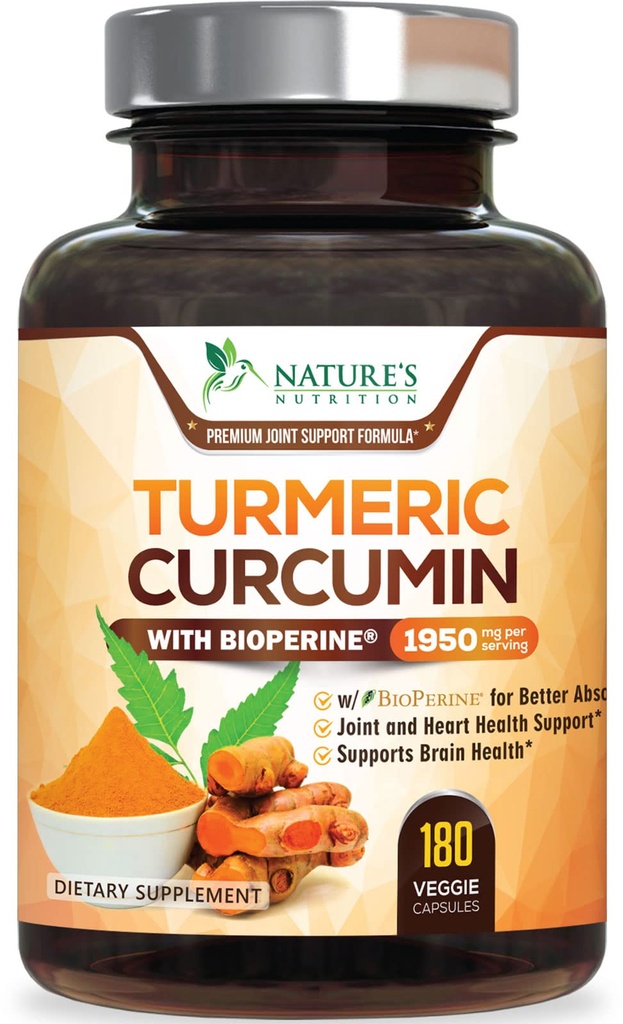 CurcuminÄ Turmeric Supliment 1950mg - 95% Curcuminoide cu Turmeric organic & BioPerine Black Pepper extract pentru cea mai buna absorbtie, Nature's Vegan comun de sprijin, non-GMO, îmbuteliate în SUA - 180 capsule