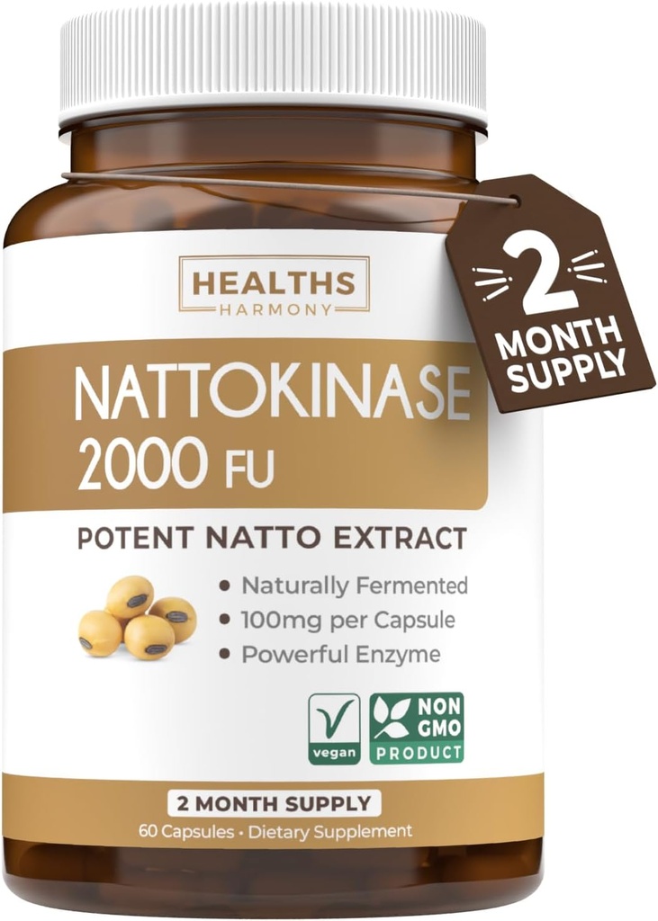 Sănătate Harmony Nattokinaza 2000 FU (non-GMO) Puternic Nattokinaza Supliment făcut din soia naturale fermentate - (2 lună de aprovizionare) 60 Vegan Natto capsule