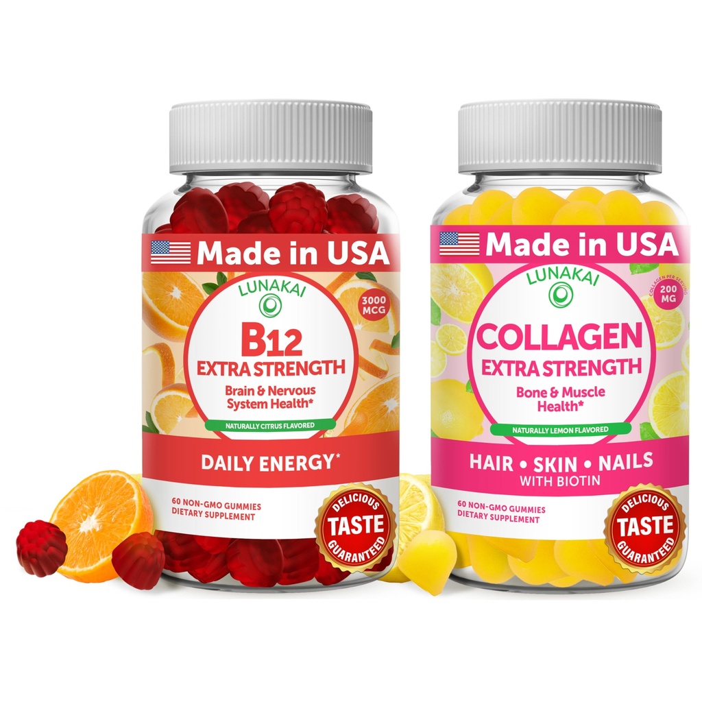 Lunakai Vitamina B12 și Colagen Gummies Bundle - 3000 mcg Metilcobalamină de înaltă absorbție Gume - Suplimente anti-GMO pentru bărbați și femei - 30 zile de aprovizionare