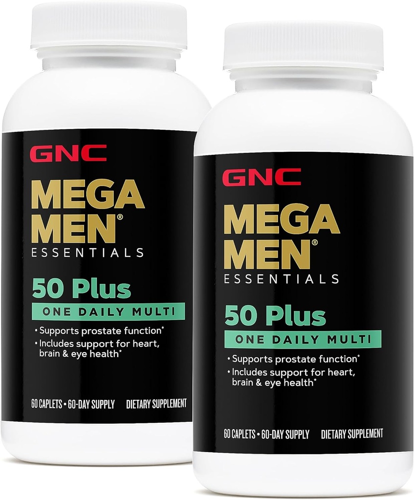 GNC Mega Men 50 Plus One Daily Multivitamine, Twin Pack, 60 Caplete pe sticla, Suporturi Inima, Brain and Eye Health