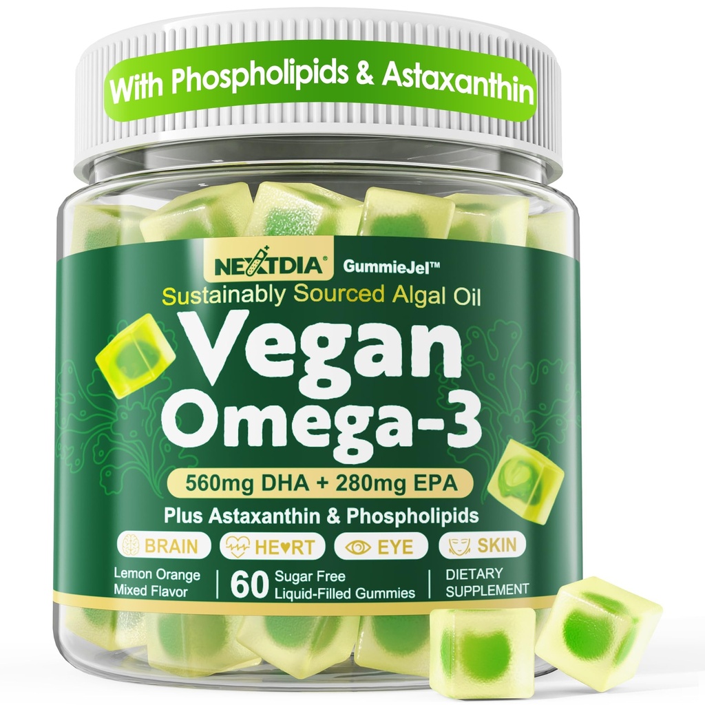 Vegan Omega 3 Gume + Fosfolipide, Astaxantină, Vitamina D3, DHA 560mg & EPA 280mg, Algae Omega 3 Supliment pentru adulți și copii pentru creier, ochi, piele și sănătate generală, Zahăr gratuit, 60 Cts