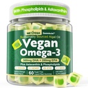 Vegan Omega 3 Gume + Fosfolipide, Astaxantină, Vitamina D3, DHA 560mg & EPA 280mg, Algae Omega 3 Supliment pentru adulți și copii pentru creier, ochi, piele și sănătate generală, Zahăr gratuit, 60 Cts