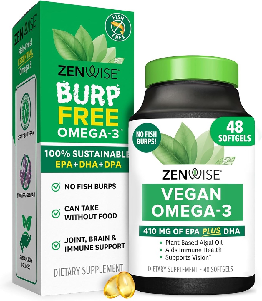 Zewise sănătate Vegan Omega 3 Supliment - Burpless Omega 3 Supliment cu DHA, EPA & DPA Acidi grasi pentru sanatate imuna - Ulei de pește Alternative de ulei de alge marine Sustenabil surse - 48 Softgels