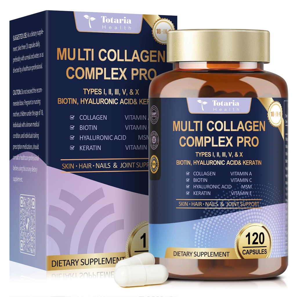 18-in-1 Colagen Pro cu acid hialuronic, Keratin, Biotin, VIT A C & E pentru piele, păr, unghii, articulații și frumusețe - Multi Colagen Peptide capsule cu tipul I II III V & X pentru femei și bărbați - 120 Capace