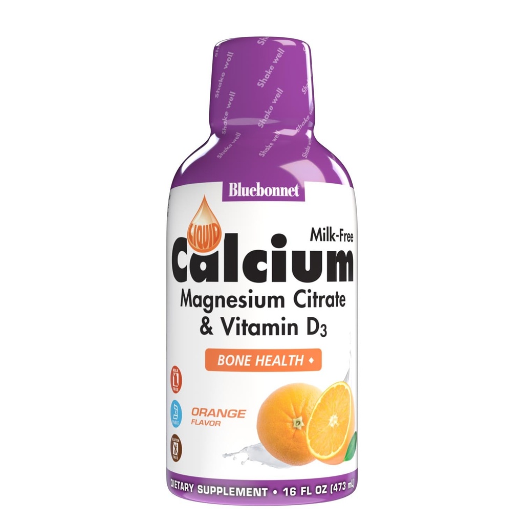 Bluebonnet Nutrition Liquid Calciu Citrat de magneziu Citrate, Vitamina D3, Bone Health, Gluten Free, Soy Free, lapte liber, kosher, 16 Fl Oz, 32 Serviri, Orange Flavor, 16 Fl Oz (Pachet de 1)