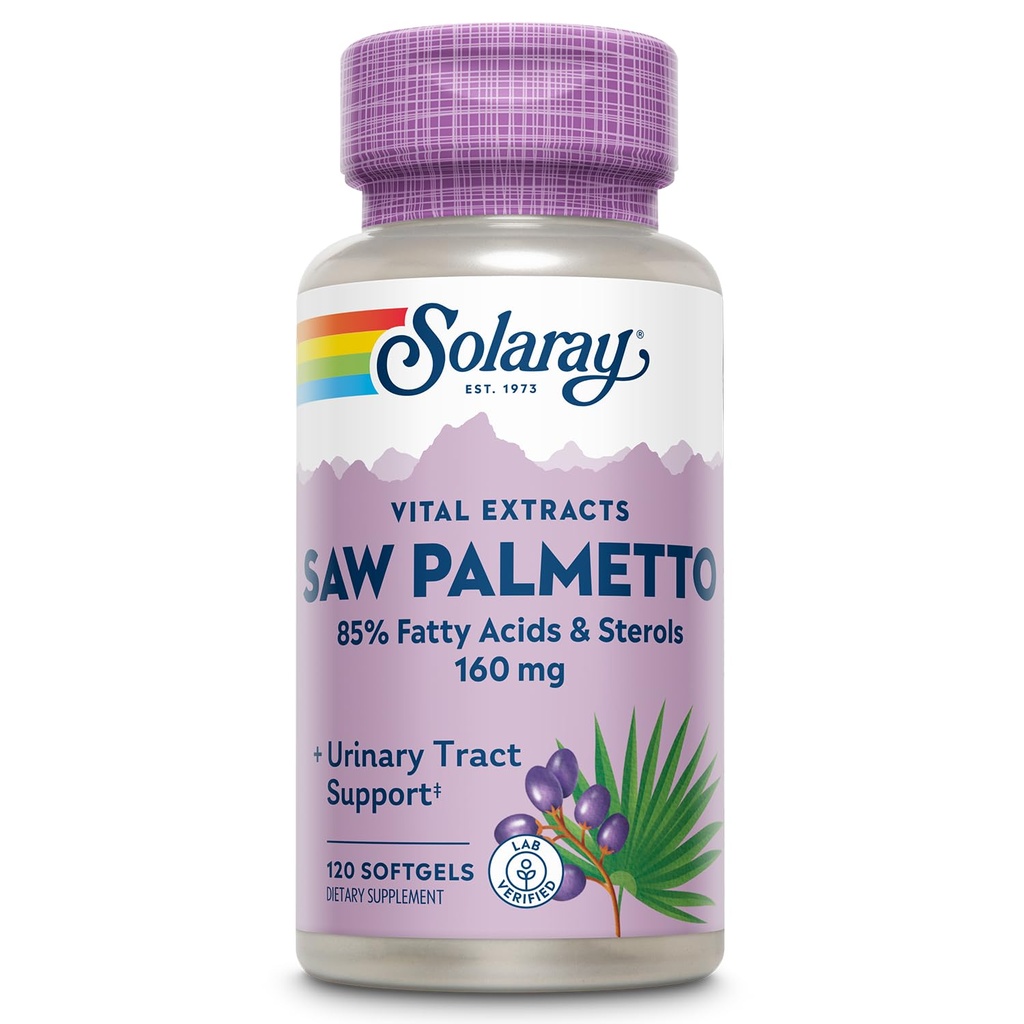 SOLARAY Saw Palmetto Extract - Prostate Health and urinar Tract Support - 136 mg Fatty Acids and Sterols - Lab Verified, 60-Day Money-Back Guarantee (120 Servings, 120 Softgels)