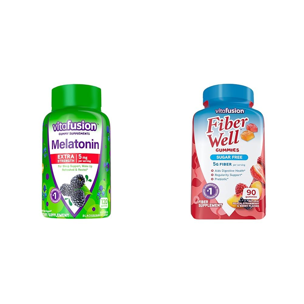 Vitafusion Extra Putere Melatonin Gummy Vitamine, 5mg, 120 ct Gummies & Fibră Ei bine, Sugar gratuit Fibra Supliment, Peach, Căpșuni și BlackBerry Aroma Suplimente, 90 Conte