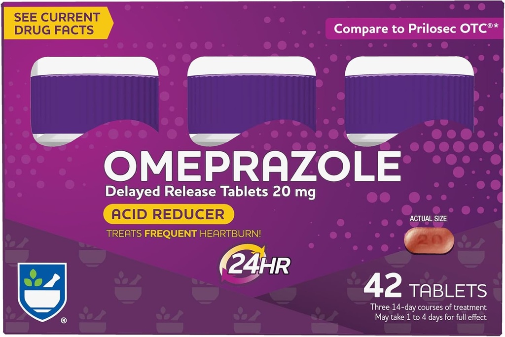 Rite Aid Acid Reductor Omeprazole comprimate cu eliberare întârziată - 20 mg, 3 flacoane, 14 Conte Fiecare (42 Conte Total), Neflavorat, Arsuri la stomac, Arsuri la stomac Medicina, Tratamente Frecvente Arsuri la stomac