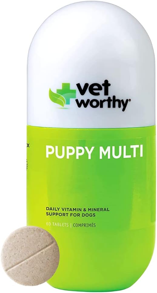 Vet Worty Puppy MultiVitamina pentru căţeluşi pentru a susţine Optimum Health & Global Wellness - Dog Supplement with Iron,Magnesium,Zinc,Vitamina A,B Vitamine - Flavor ficat,60 Tablete masticabile