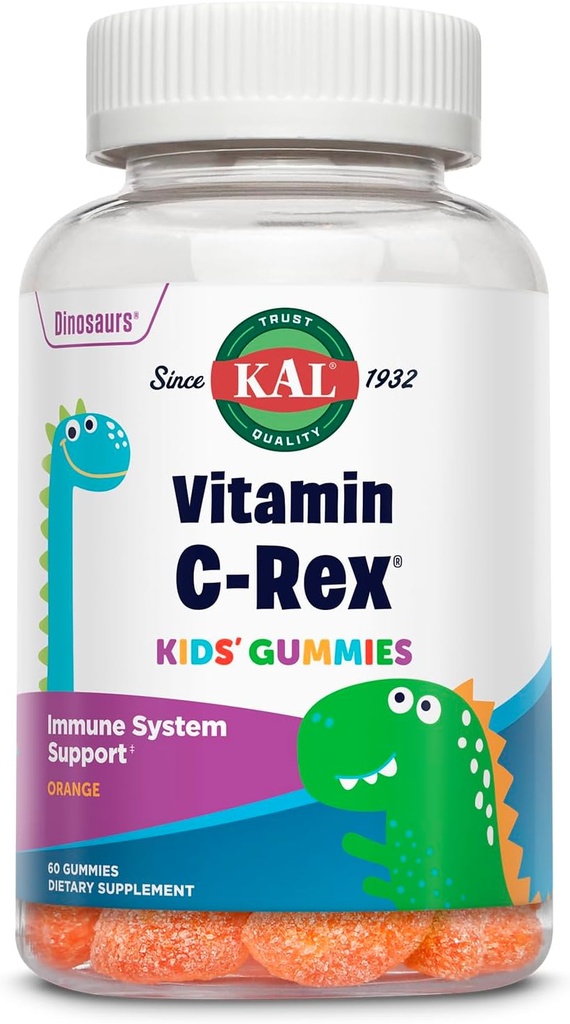 KAL Vitamina C-Rex Copiii: Gume, Vitamina C Gumies pentru copii, Imun, Os sănătos, Muscle & Skin Support Vitamina C Gummy, Vegan, Gluten gratuit, 60 zile bani înapoi garanție, 30 serviri, 60 gume