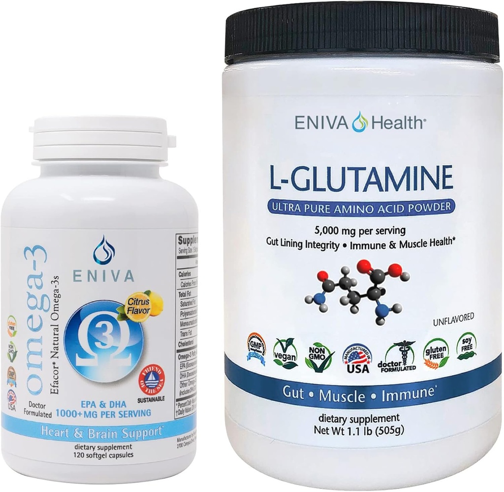 Eniva L-Glutamine Powder, 1,1-Pound și ulei de pește Omega-3 (60 de capace)