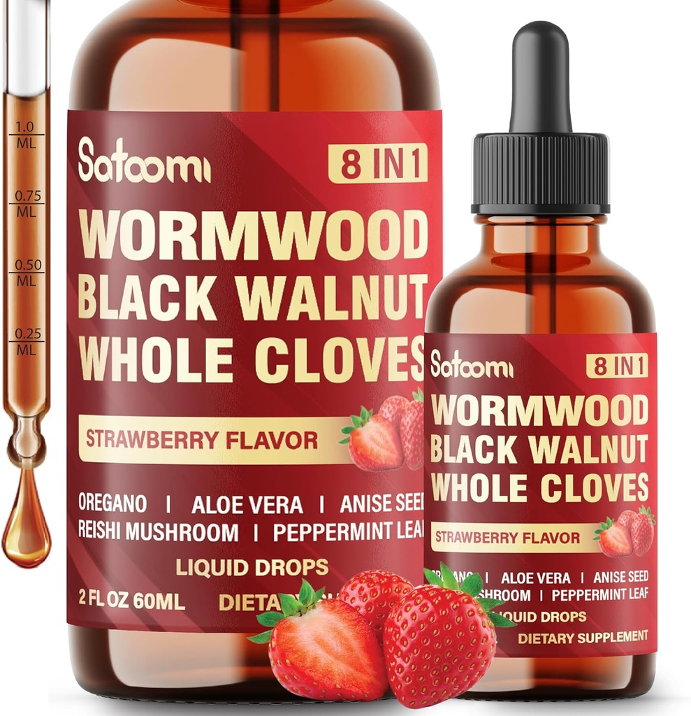 Satoomi 8in1 Picături lichide Wormwood cu nuc negru, Cuișoare întregi și 5 mai - 60ml pentru 60 zile de aprovizionare