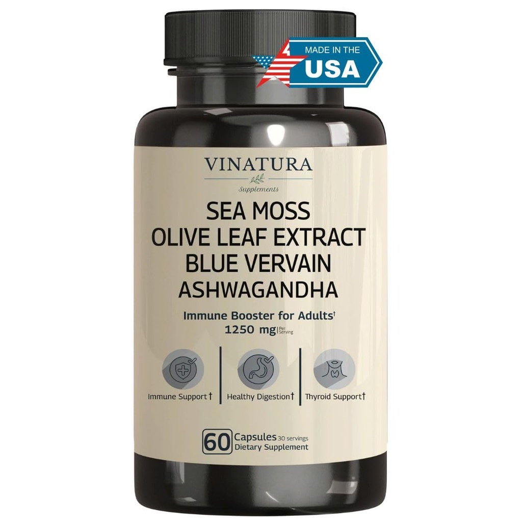 VINATURA Organic Sea Moss, Blue Vervain - cu Black Seed Oil, Ashwagandha, Ginger, Brodock Root Capsules - 1250 mg per Serving, *USA Made &Tested* Immune Booster for Adulți