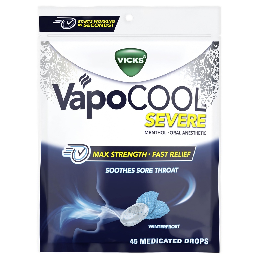 Vicks VapoCool Drops severe de gât medicamentate, Max Putere mentolat, Soothes Sore durere de gât, Winterfrost Flavor, 45ct