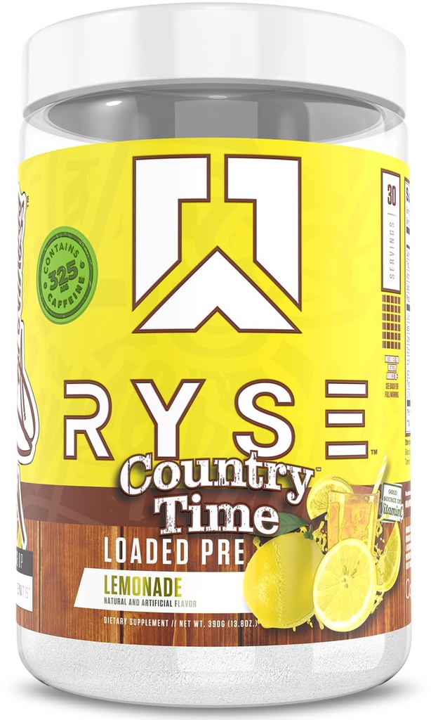 RYSE Încărcat Pre Workout pulbere - Country Time Lemonade - Daily Pre-Garning pentru bărbați și femei cu 325mg Cafeina, Beta Alanine, și Citruline pentru Pump, Focus, și Energie - 30 Serviri