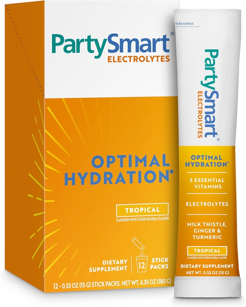 Himalaya PartySmart Electrolits Tropical Powder Packets, 12 Count, Supports Hydration, Rehidrated with Sodium & Potasiu, Vitamina C & More, Antioxidant Recovery Blend Milk Thistle, Ginger & Turmeric