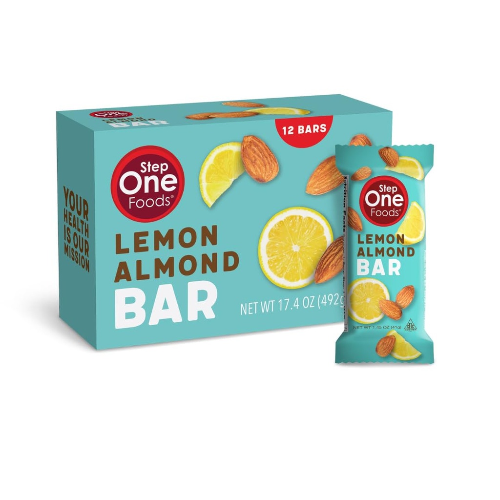 Pasul One Foods Lemon Almond Bar, Heart Healthy Snack Plant Sterols, Omega 3's High Fiber Snack Gluten & Dairy Free, Vegan, Zero Sodium, Granola Bars (12 Pack)