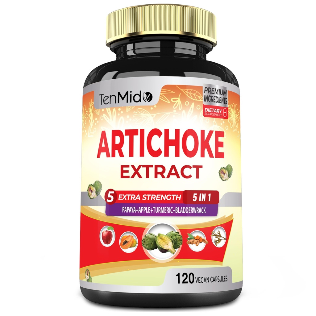 Capsule Extract de anghinare, 4 luni aprovizionare cu papaya, Apple Pectin, Curcumina Turmeric, Bladderwrack - Suporturi Digestion Function - 120 capsule Vegan