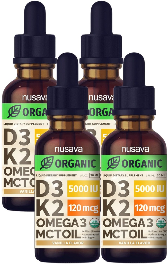 4 Pachet) Vitamina organică D3 K2 picături cu ulei MCT Omega 3, 5000 UI, concentraţie maximă Vitamina D lichid - Nu fillere, non-GMO lichid D3 pentru absorbţie mai rapidă şi suport imunitar (Vanilla, 4 Fl Oz)