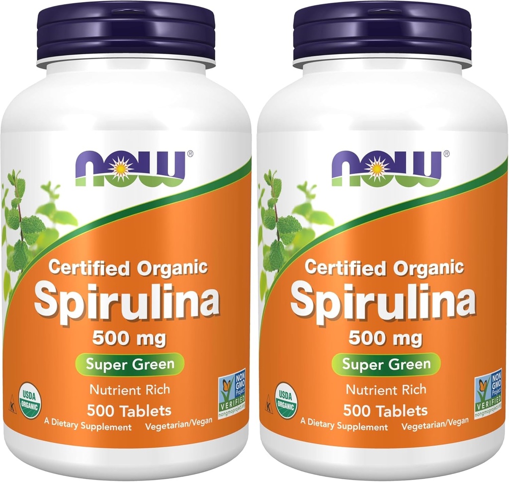 Suplimente acum, Spirulina organică 500 mg cu vitamine, minerale și GLA (acid gamma-linolenic), 500 comprimate (pachet de 2)