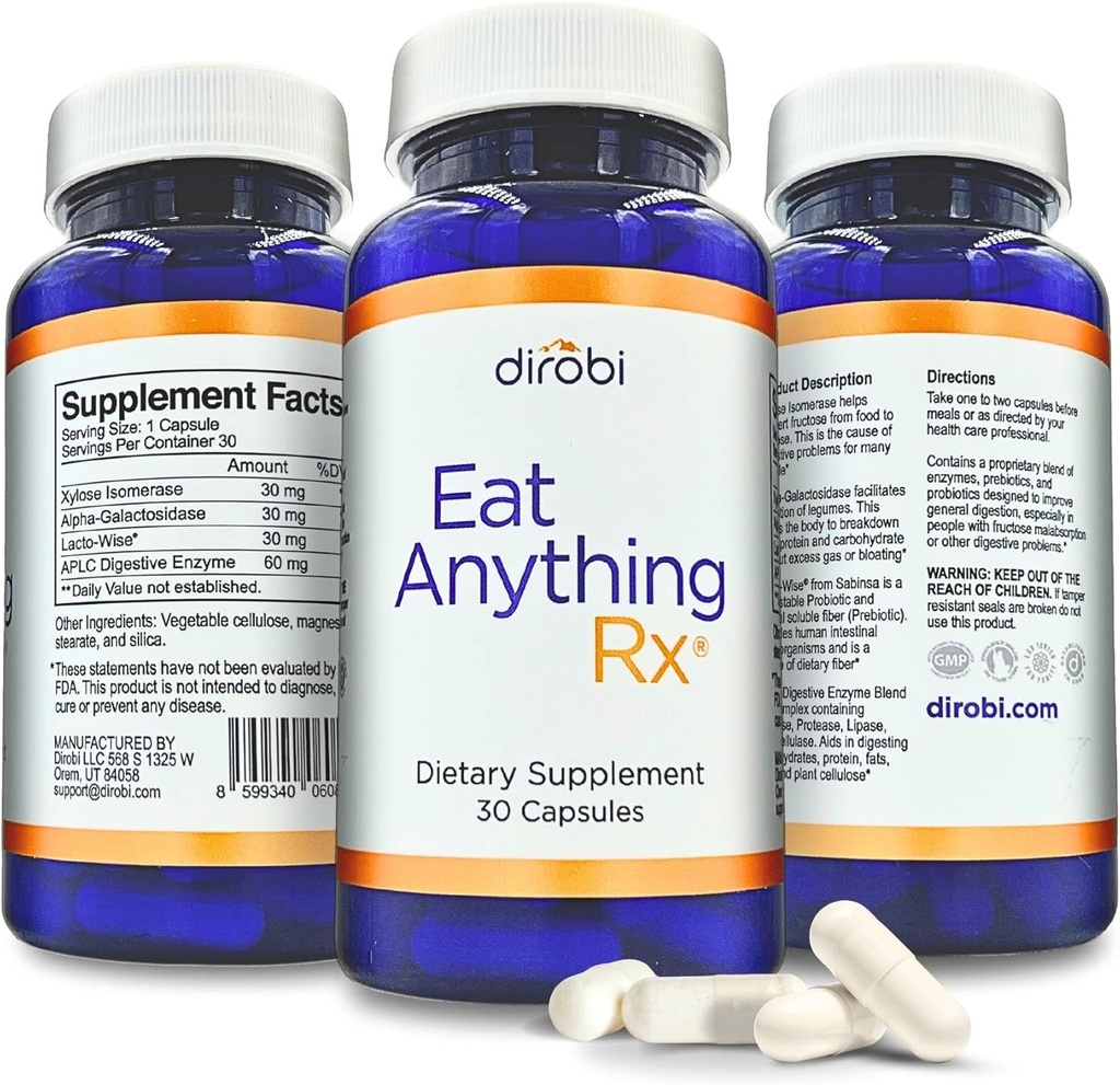 Dirobi Mănâncă orice enzime de malabsorbţie Xiloză Izorase Fructoză, Supliment FODMAP, Enzime digestive pentru lactoză mai bună, grăsimi, proteine şi carbohidraţi Digestia Gaz şi Relief Bloating 30 Capsule