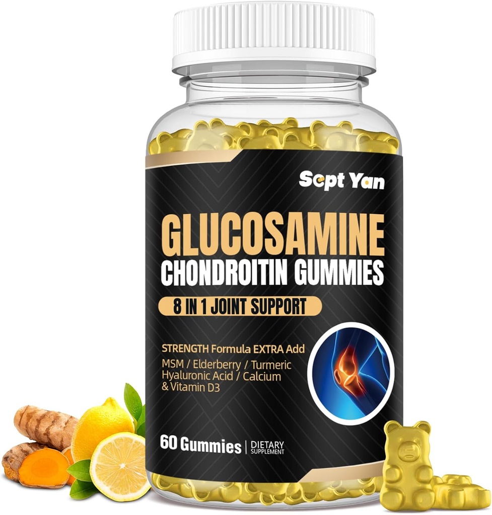 Glucosamină Chondroitin Gummies - 60 Suplimente de sprijin comun - 1500 mg Putere suplimentară cu MSM, Elderberry, Turmeric - Cartilage & Immune Support pentru adulți, Bărbați și femei Vegan - Ușor de înghițit