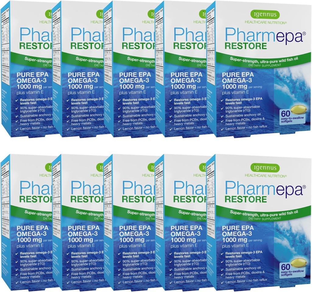 Igennus Pharmepa Restore, Pure EPA 1000mg, Omega 3 rTG ulei de pește, IFOS Certified, Absorbție ridicată, 90% Concentrație Triple Putere, Wild & Sustainabil, Aroma de lamaie, 10 luni aprovizionare, Pachet de 10