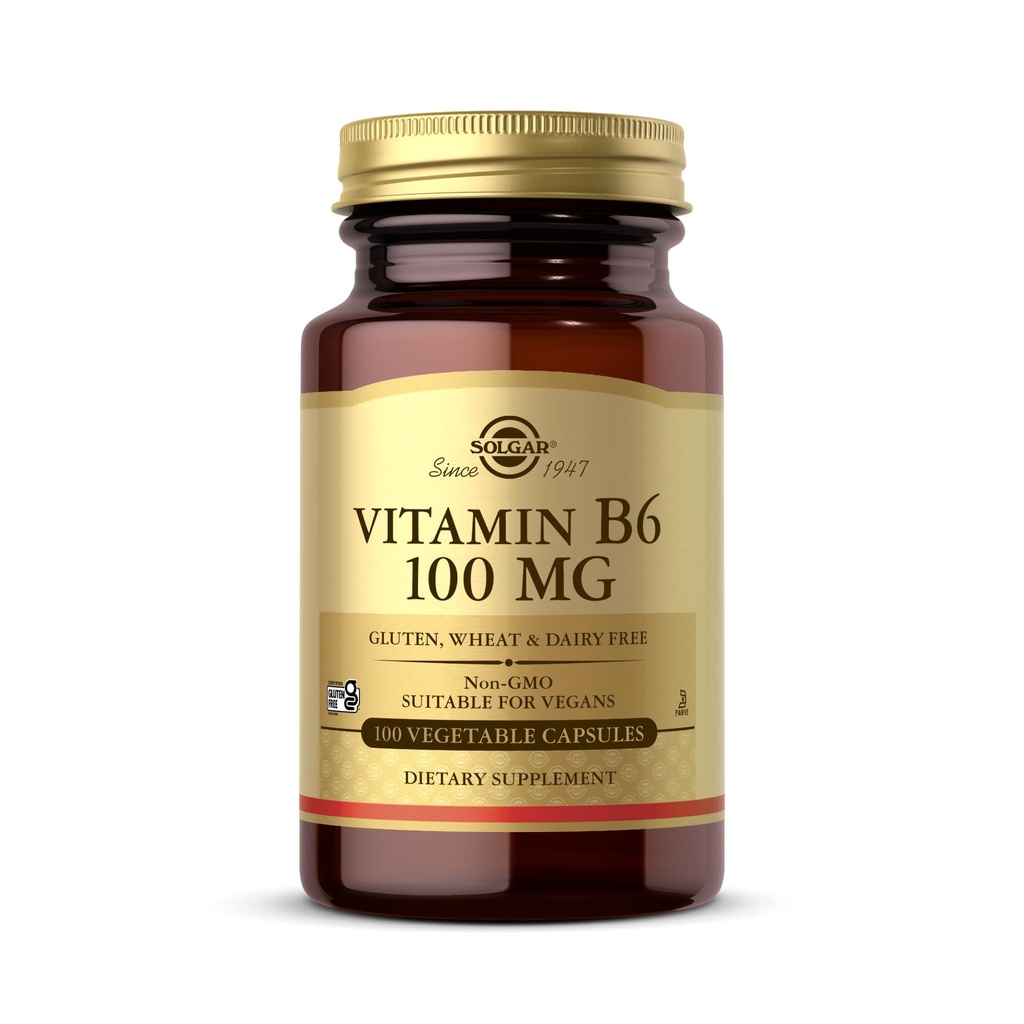 Solgar Vitamina B6 100 mg - 100 Capsule vegetale - non-GMO, Vegan, Gluten Free, Dairy Free, Kosher, Halal - 100 Serviri