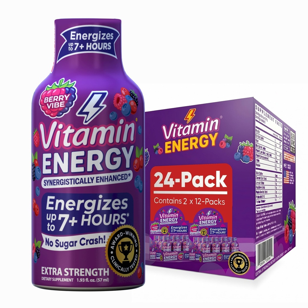 Vitamina energie Mood+ Extra Putere Energie Shot Tropical Berry 24 Pack, 260mg Natural Cafeina, B-Vitamins, Rhodiola, musetel, Mood & Energy Support, Zero Sugar, Gluten-Free, Vegan, 1.93 fl oz