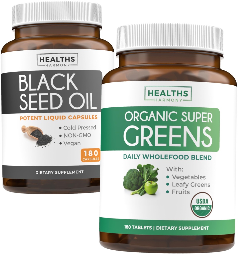 Black Seed Oil & Organic Super Greens (3-Month Supply) Seed & Sprout Bundle of Black Seed Oil (180 capsule) Cold-Pressed Nigella Sativa & Organic Super Greens Powder (180 Tablete) Complet Superfood