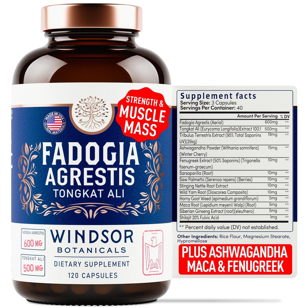 Fadogia Agrestis și Tongkat Ali Supliment - Fadogia Agrestis 600mg, 500mg Longjack Tongkat Ali pentru bărbați, Maca Root, Fenugreek, Ashwagandha, Saw Palmetto pentru a sprijini energia, rezistență, vitalitate - 120Caps