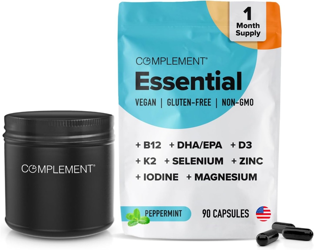 Complement Vegan Multivitamine pentru femei & Men- Omega 3 DHA+EPA, Vitamina B12, Vitamina D3 K2, Zinc, Seleniu, Magneziu, Suplimentul Iodului - Suport imun- 90, Include Jar