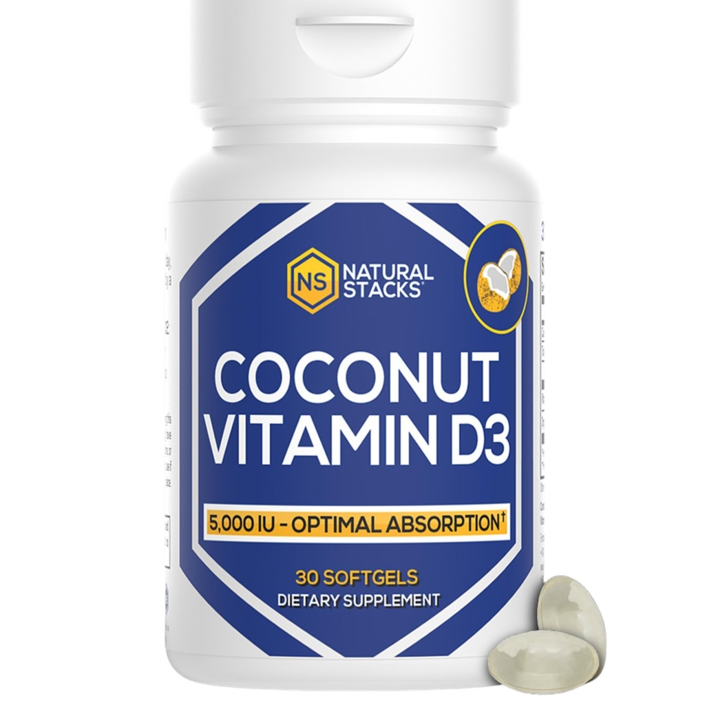 Natural STACKS Vitamina D 5000 UI Supliment - cu ulei de cocos pentru absorbţie optimă - Vitamina D pastile pentru imunitate şi creşterea celulelor - D3 125mcg Colecalciferol Supliment - 30 D3 Serviri