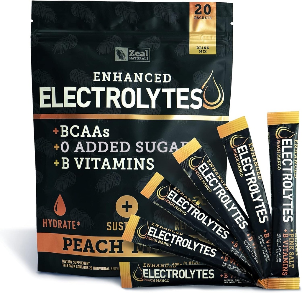 Pulbere electrolit îmbunătățită (Peach Mango 20pk.) w 0 Zahăr + BCAA + B-Vitamins Electrolit Supliment w Zinc și magneziu de potasiu pentru hidratare - Keto Electroliti