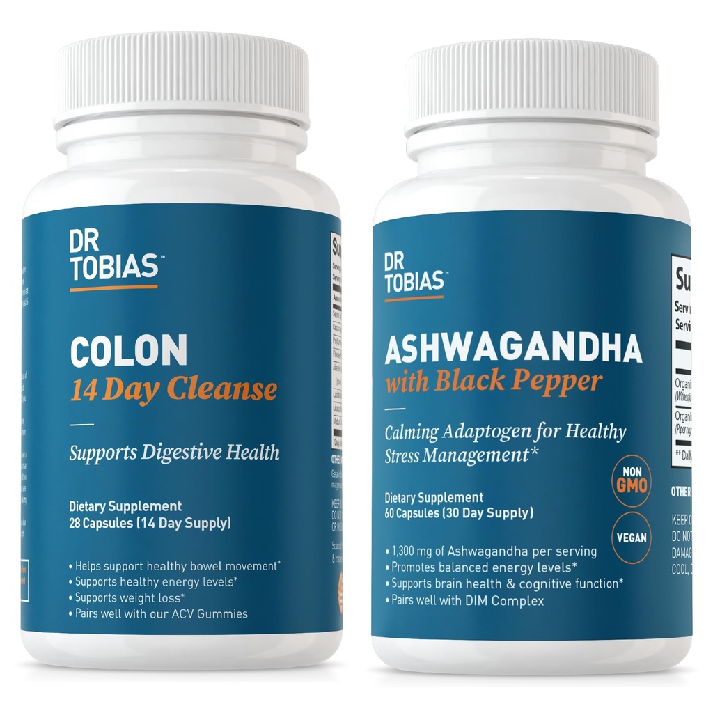 Dr. Tobias Colon 14 Day Cleanse și capsule Ashwagandha, Colon Cleanse Detoxifiere și calmant Adaptogen, susține energie și sănătate imună, non-GMO