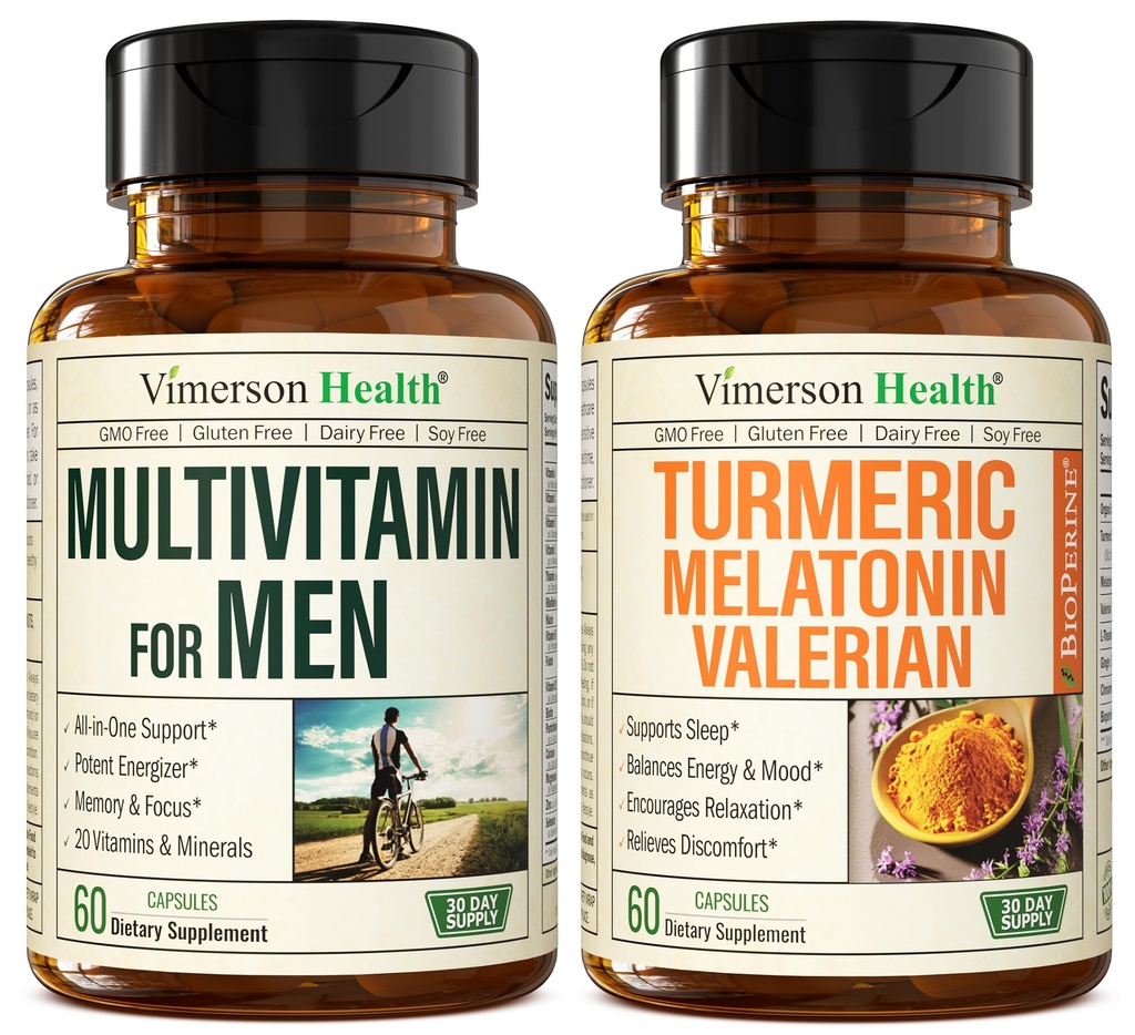 Mens Multivitamine + Melatonina Turmeric Valerian Bundle pentru sprijin comun și ajutor discomfort, Immune Health & Inflammatory Response