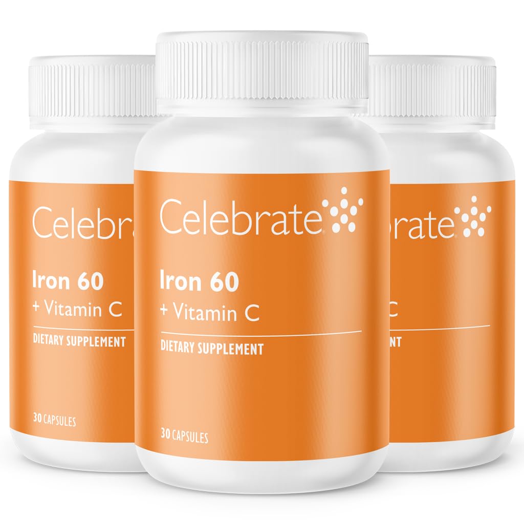 Celebraţi Vitaminele Suplimentul de fier cu vitamina C - 60 mg Fier, 60 mg Vitamina C, Vitaminele bariatrice pentru pacienţii cu SLS, Chirurgie verticală cu mâneci şi bypass gastric (90 capsule)