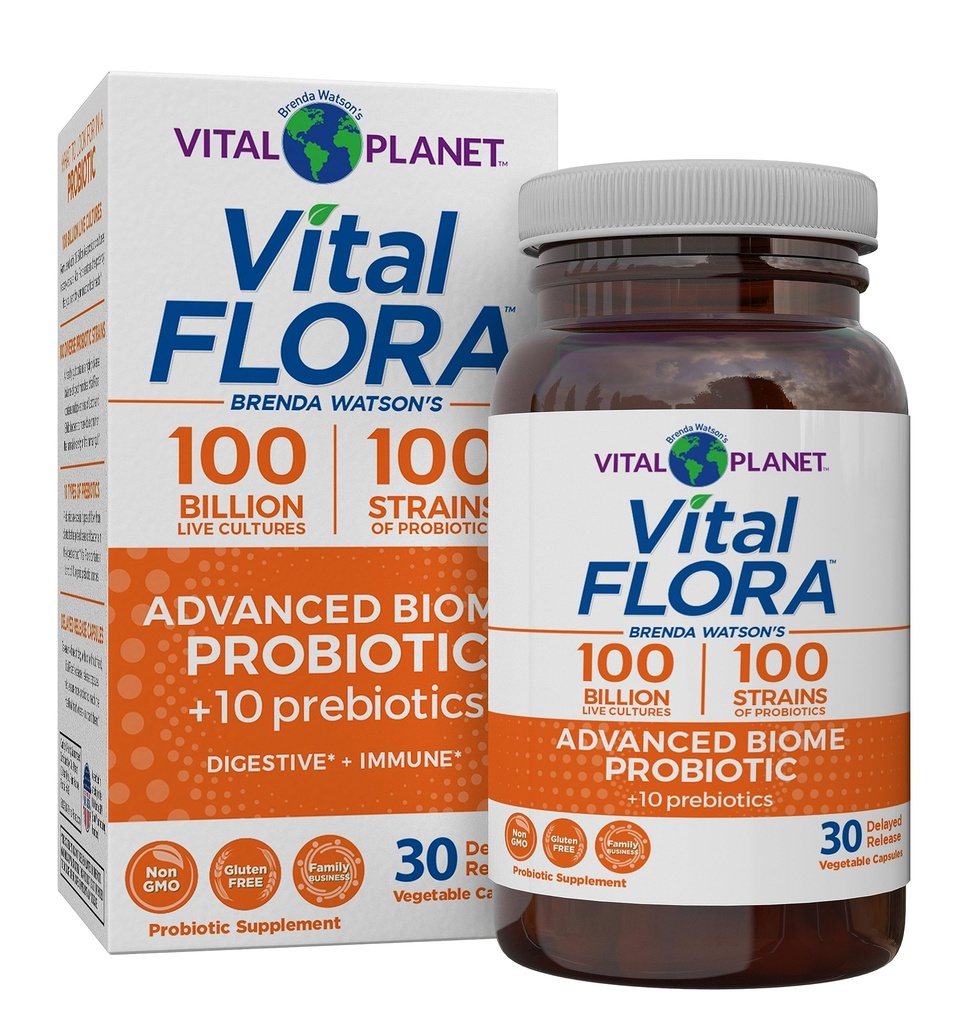 Vital Planet - Vital Flora avansat Biome Probiotic 100 Miliarde CFU, 100 Diverse Strains, 10 Prebiotice organice, Suport Immune, Colon și Digestive Sănătate Probiotice pentru femei și bărbați 30 Capsule
