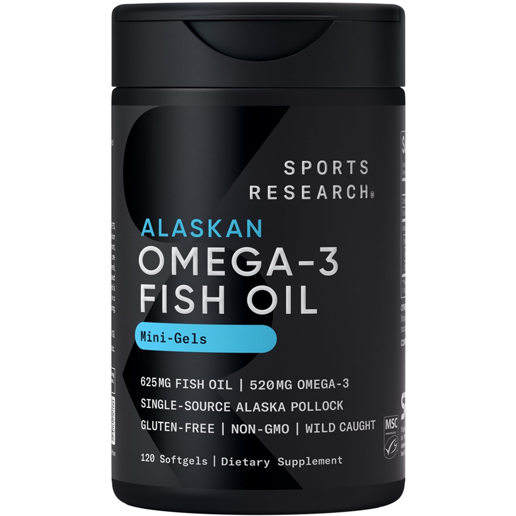 Sport de cercetare ulei de pește Mini-Softgels - Ușor de a înghiți Omega-3 acidi grasi din Alaska sălbatic prins Pollock - 625mg, 120 Softgels