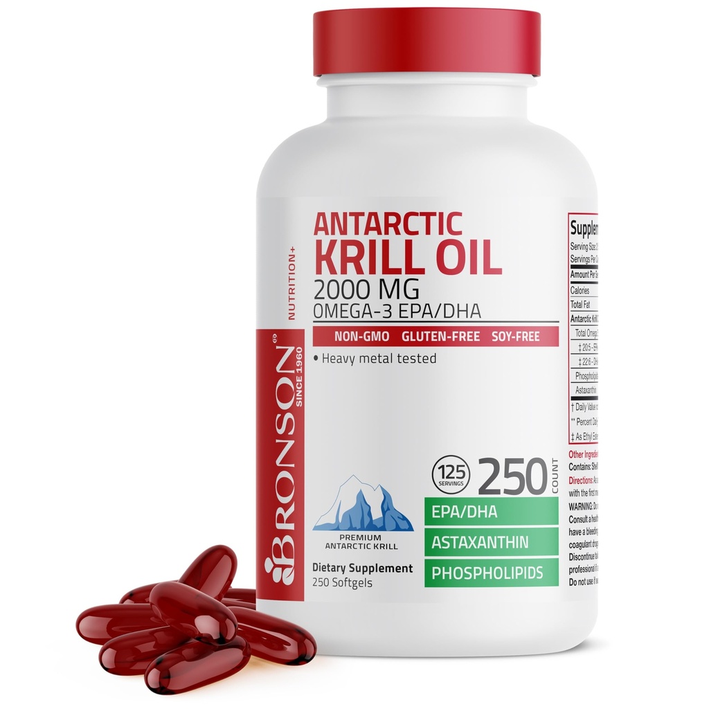 Bronson Antarctic Krill Oil 2000 mg cu Omega-3s EPA, DHA, Astaxantină și Fosfolipide, 250 Softgels (125 Servings)