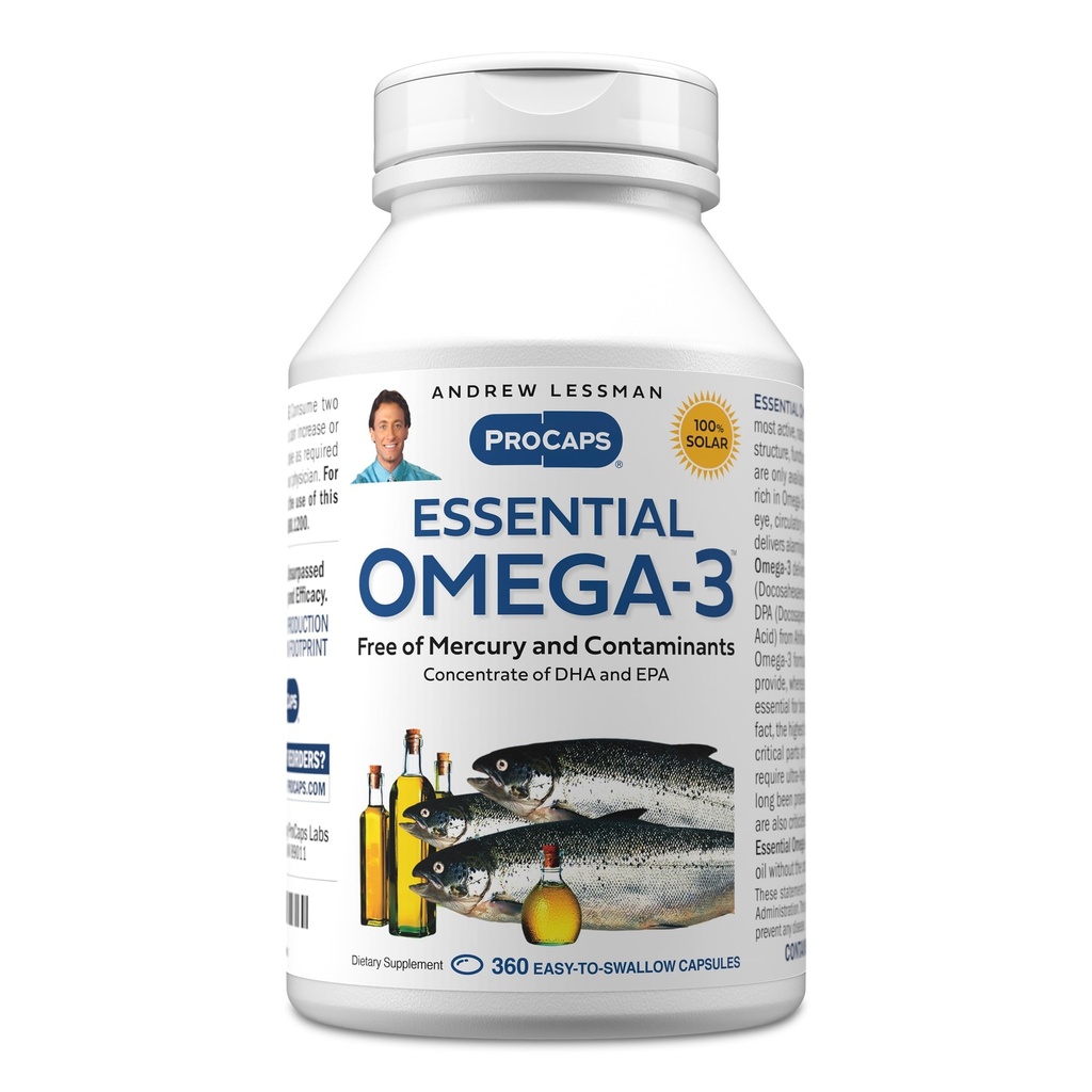 ANDREW LESSMAN Essential Omega-3 Nearomatizate - 360 Softgels - Ultra-pure, ulei Omega-3 de mare potenta. High DHA, fără probleme cu stomacul, fără contaminări, fără mercur. Small Easy to Swallow Softgels
