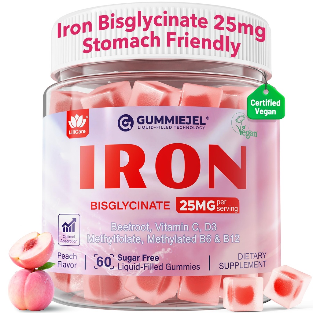 Supliment de fier Vegan pentru femei 25mg, Gume de fier fără zahăr cu vitamina C, Methy B12, Folate pentru energie Boost, deficit de fier, Nu după gust, aromă de piersici - 60 Conte (Pachet de 2)