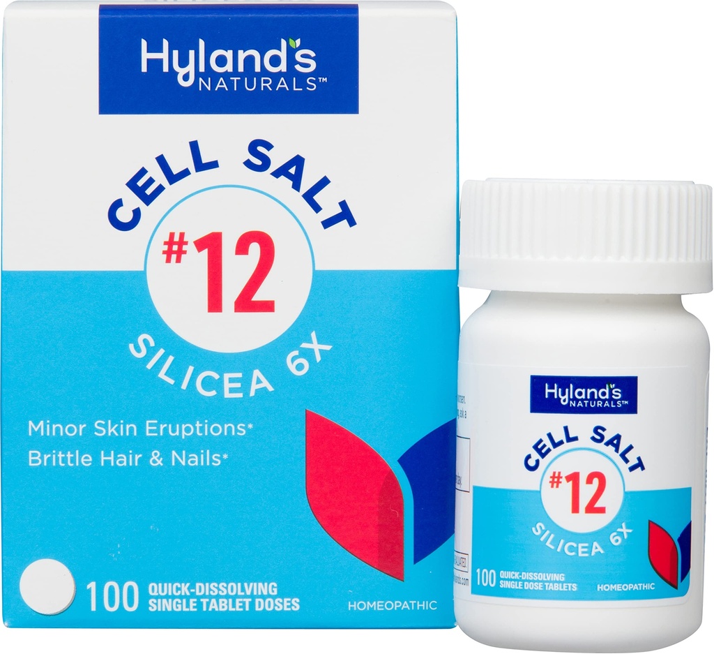 Hyland Nr. 12 Celulă Sare Silicea 6X Tablete, Acnee și Blackhead Tratamentul, Suplimentul de creștere a părului și unghiilor și întăritor, Iritații cutanate, Tablete de dissolvire rapidă, 100 Conte