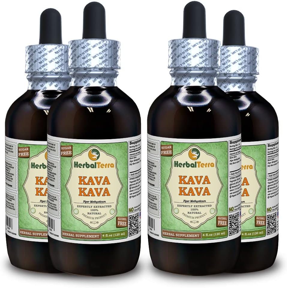 Kava Kava (Piper Methysticum) Glicerit, extract lichid fără alcool uscat (Brand Name: HerbalTerra, Proudly Made in USA) 4x4 fl.oz (4x120 ml)